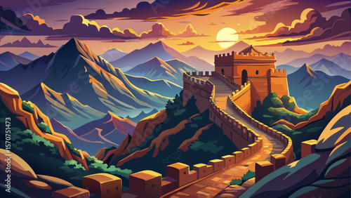 Majestic view of the Great Wall of China winding through rugged mountains under a vibrant sunset sky. Warm golden light highlights the ancient stone structure