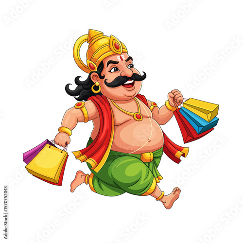 Happy King Mahabali Running with Shopping Bags. Kerala Onam Festival Mythological Character for Onam Shopping and Festival Offers