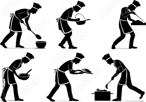 Set of six chef silhouettes engaged in various cooking activities and food preparation