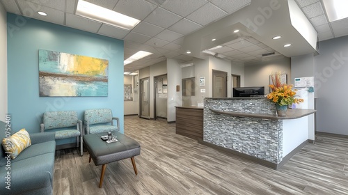 Modern minimalist doctor's office interior with clean white design, featuring reception desk, digital screen, and organized workspace for healthcare, clinic, or medical consultation environment.

