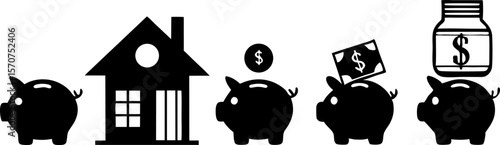 Piggy banks and house icon illustrating saving money for a home
