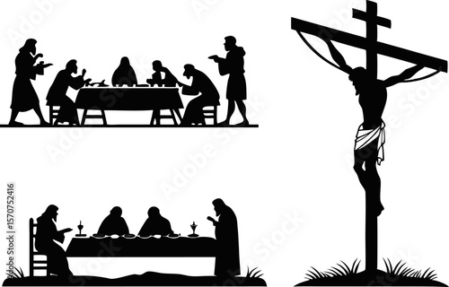 Biblical silhouettes of jesus christ at the last supper and crucifixion