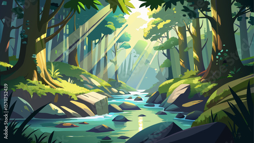 Crystal-clear stream gently winding through a sunlit forest, surrounded by lush green foliage and tall trees. Sunbeams filter through the canopy, casting dappled light on mossy rocks