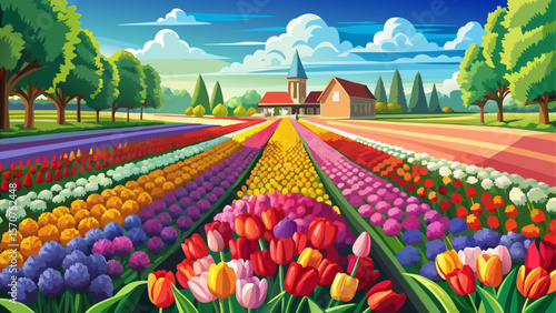 Scenic spring landscape featuring vibrant rows of tulips in full bloom at Keukenhof Gardens, Lisse, Netherlands. Colorful floral patterns stretch across the ornamental garden