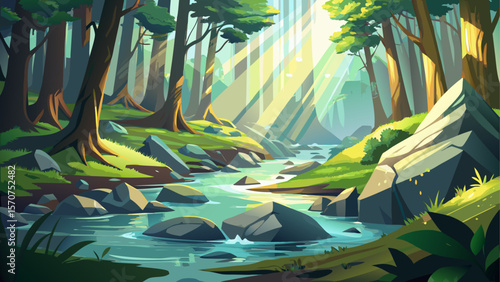 Crystal-clear stream gently winding through a sunlit forest, surrounded by lush green foliage and tall trees. Sunbeams filter through the canopy, casting dappled light on mossy rocks