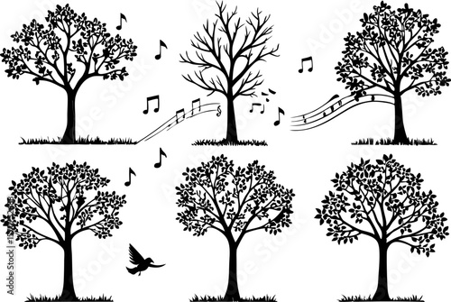 Black silhouette trees with musical notes and a flying bird on white background