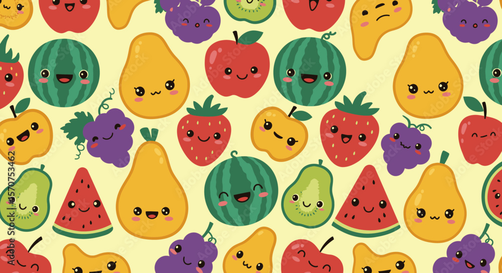 A cheerful seamless pattern featuring cute cartoon fruits like apples, pears, strawberries, watermelon, and grapes, perfect for kids' products or fun summer designs. A cheerful seamless pattern featuring cute cartoon fruits like apples, pears, strawberries, watermelon, and grapes, perfect for kids' products or fun summer designs.