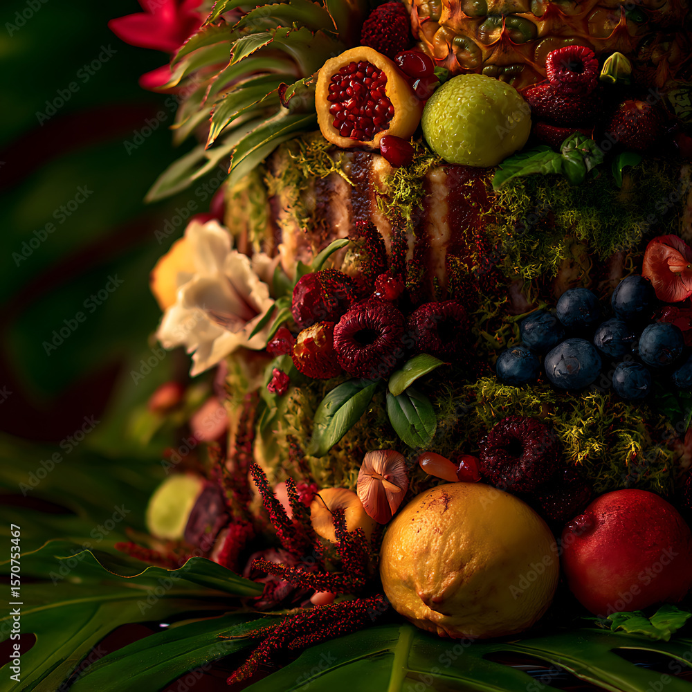 Fototapeta premium Close-up of A lush tropical rainforest ecosystem on a vibrant fruit cake