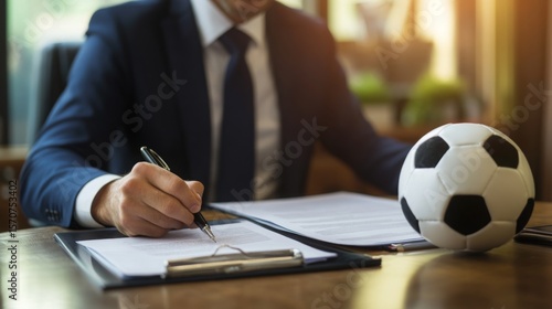 Fototapeta Naklejka Na Ścianę i Meble -  A person in a suit signs a document with a soccer ball on the desk, symbolizing sports management or a football contract.