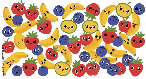 A cheerful and colorful pattern features an assortment of cute cartoon fruits including strawberries, blueberries, and bananas with happy faces.