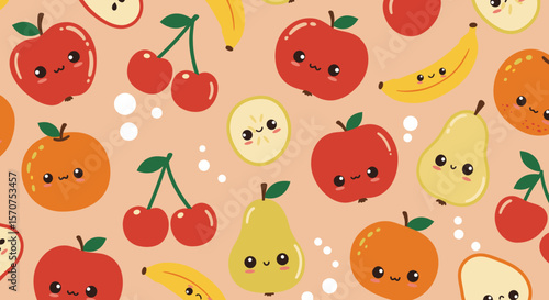 A cheerful, seamless pattern featuring kawaii-style fruits like apples, cherries, bananas, oranges, and pears on a peachy background.