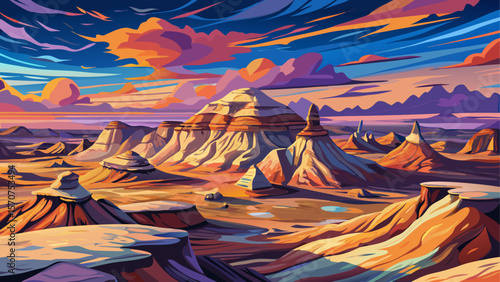 Panoramic view of the Bisti Badlands in New Mexico showcasing rugged desert hills under a stunning sunset sky painted with shades of blue, pink, peach, and purple