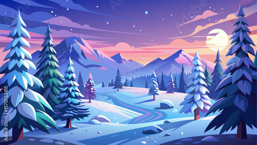 Magical winter scene featuring snow-covered pine trees in the Carpathian Mountains of Ukraine. A serene, frosty landscape bathed in soft light, evoking the peaceful charm of the Christmas season