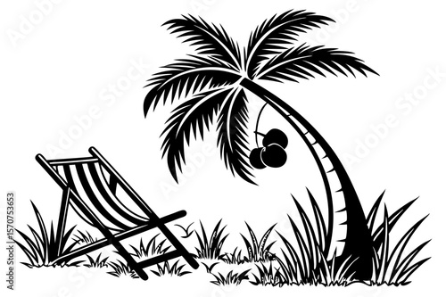 Black and white silhouette of a striped deck chair under a palm tree with coconuts