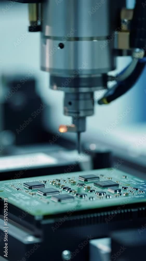 Precision Engineering: A close-up shot reveals intricate machinery meticulously working on an integrated circuit board, symbolizing cutting-edge technology and precision manufacturing. Precision Engineering: A close-up shot reveals intricate machinery meticulously working on an integrated circuit board, symbolizing cutting-edge technology and precision manufacturing.