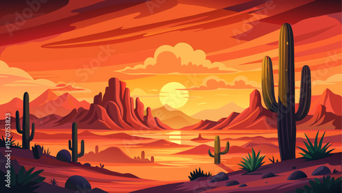 Dramatic desert landscape bathed in the warm glow of a fiery sunset, with a single tall saguaro cactus standing in silhouette against a vibrant orange and red sky. A scene full of solitude