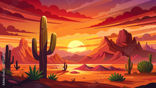 Dramatic desert landscape bathed in the warm glow of a fiery sunset, with a single tall saguaro cactus standing in silhouette against a vibrant orange and red sky. A scene full of solitude