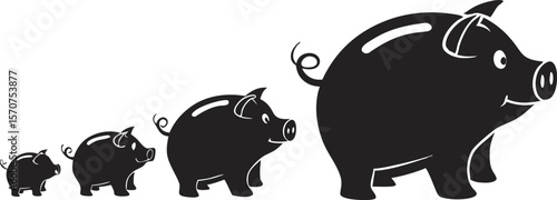 Four black piggy banks in increasing size lined up on a white background