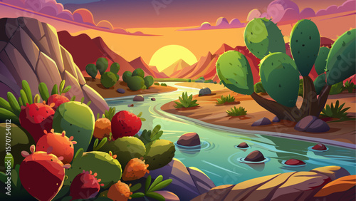 A vibrant prickly pear cactus with ripening fruit grows near a gentle stream in a mountainous desert landscape. The warm glow of sunset bathes the scene