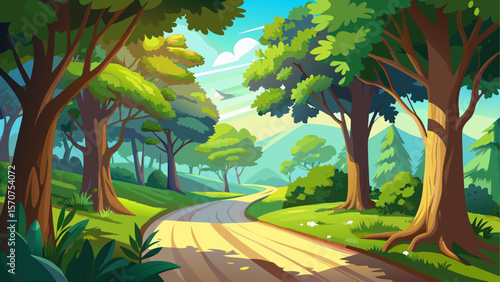 A peaceful country road winds through a lush green forest under a clear blue sky. Sunlight filters through the tree canopy, creating dappled shadows along the path in this serene natural landscape.