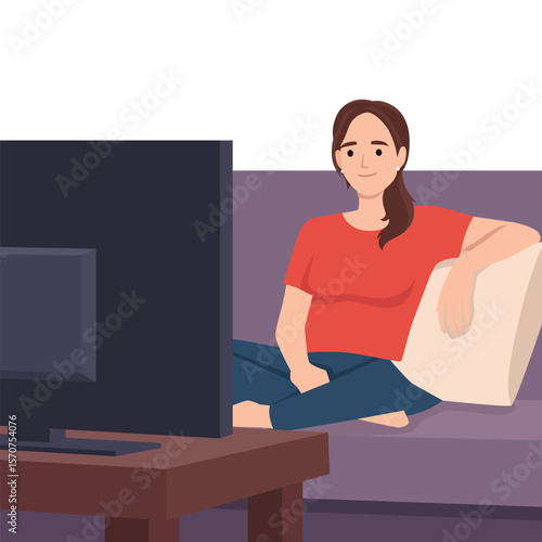 Relaxing Woman Watching TV at Home. Flat vector illustration isolated on white background