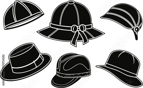 Collection of various black and white illustrated hats and caps on a white background
