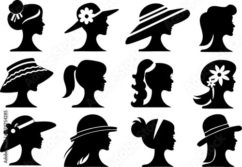 Collection of twelve black female silhouette profiles with diverse hairstyles and hats