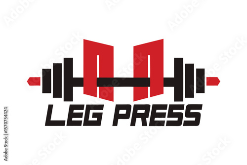 Modern gym logo featuring a stylized barbell and leg press text