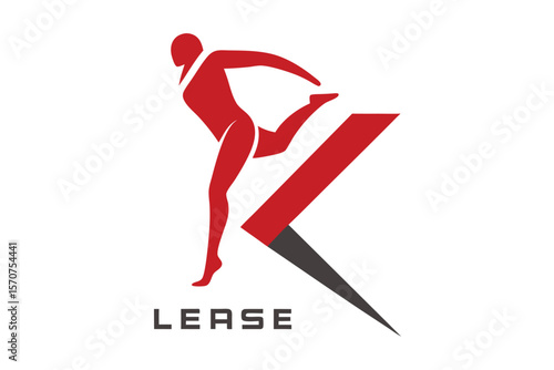 Dynamic red figure leaping over a stylized letter k logo