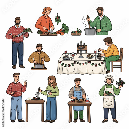 Cooking family meal preparation and dining scene