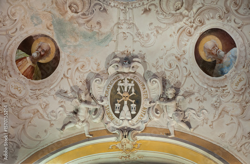 Baroque interior of the church with rich symbolic decor, fresco, of sculpture...