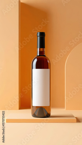 Elegant Simplicity A Wine Bottle with a Blank Label Set Against a Geometric Peach Background for Product Presentation and Branding in a Modern Style