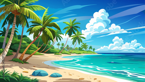Beautiful tropical beach on Saona Island, Dominican Republic, with tall palm trees swaying over soft white sand. Crystal-clear Caribbean Sea stretches to the horizon under a vibrant blue sky