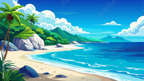 Pristine white sandy beach in southern Thailand, stretching along crystal-clear turquoise waters under a bright blue sky. A tranquil tropical paradise perfect for relaxation and scenic travel visuals.