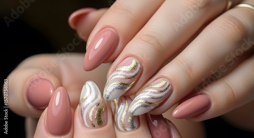 Elegant almond-shaped nails adorned with a sophisticated swirl design in gold and silver accents on a nude pink base.