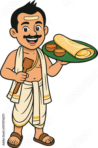 South Indian Chef Cartoon Holding Dosa Plate