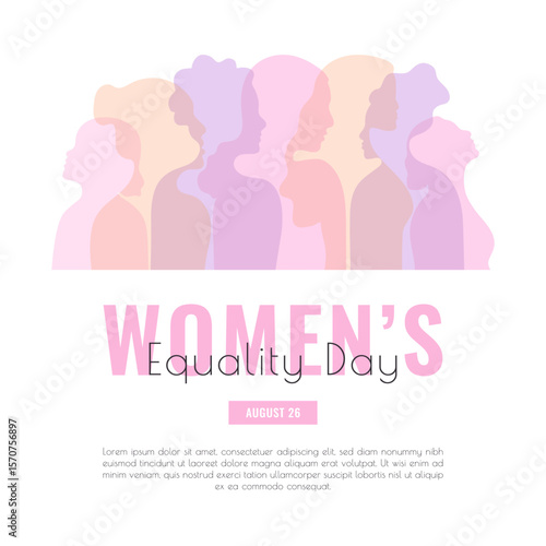 Women's Equality Day poster template. Diversity Woman silhouette background with copy space. Girl power. Minimalist Vector illustration for card flyer web. Flat style