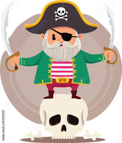 Pirate character vector, old grumpy man with gray beard, big pirate hat with skull 3