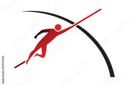 Dynamic silhouette of a pole vaulter in mid air against abstract arcs