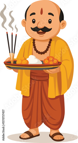 Indian Pujari Priest Cartoon Illustration 