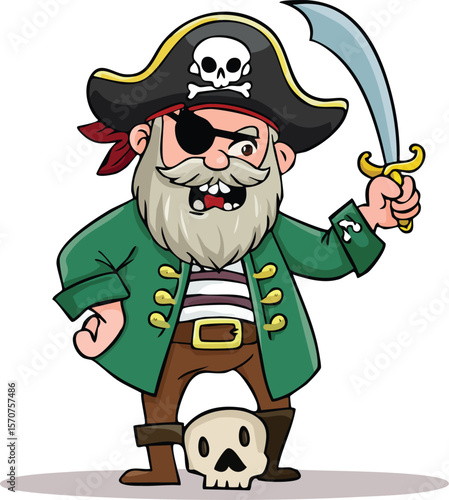 Pirate character vector, old grumpy man with gray beard, big pirate hat with skull 4
