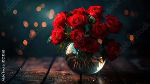 Red rose flower bouquet in round glass vase with water on wooden table featuring warm bokeh light background creating romantic and elegant atmosphere perfect for decoration and gifting