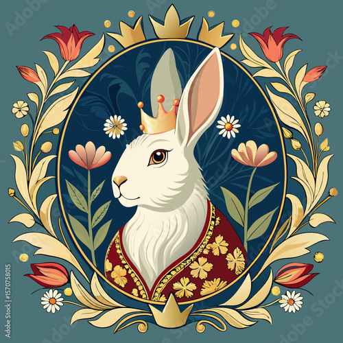 Royal rabbit graphic wearing a crown with floral elements for fairytale designs or charming springtime decorations and Easter holiday art.