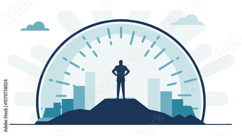 Silhouette of a determined businessman standing atop a mountain within a large gauge