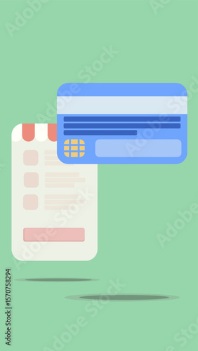  Online Payment Mobile Transaction: Digital Banking. This graphic features a mobile phone displaying a checklist and a blue credit card, representing secure financial transactions.