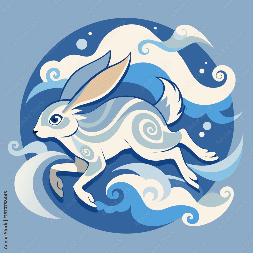 Fototapeta premium Graceful rabbit leaping amid swirling clouds, a whimsical graphic suitable for storybooks and imaginative designs.