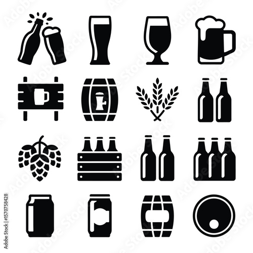 Sixteen Black Glyph Icons Depicting Beer Brewing and Consumption Elements Including Beer Bottles Cans Mugs Barrels Wheat and Hops