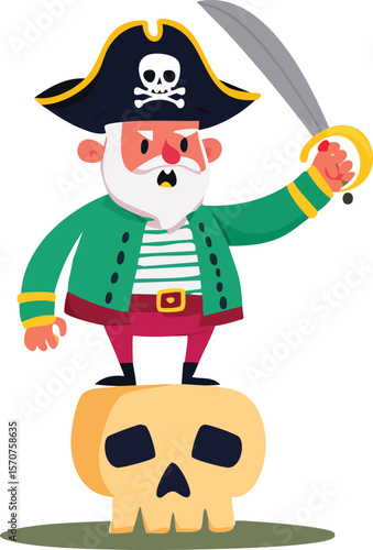 Pirate character vector, old grumpy man with gray beard, big pirate hat with skull