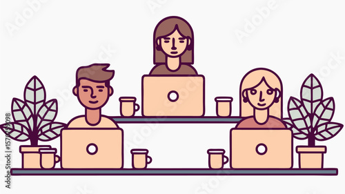 Diverse team collaborating remotely with laptops and plants