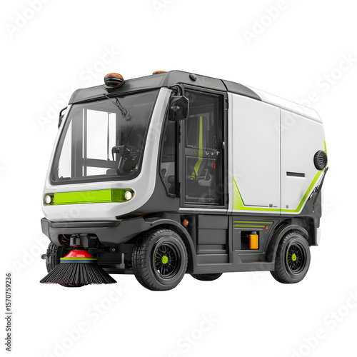 Modern street sweeper truck isolated on white background, gray and white municipal cleaning vehicle with front brush, side view, PNG cutout